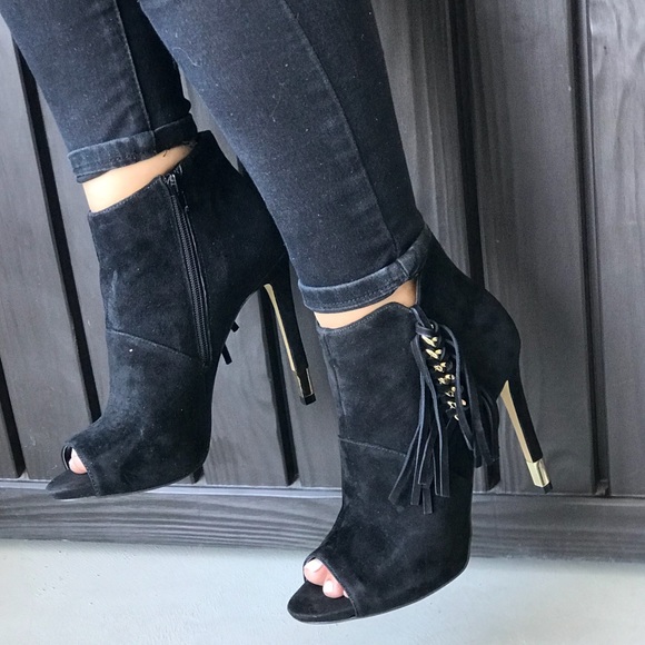 Black Peep Toe Fringe Tassel Ankle Boots - Picture 2 of 8